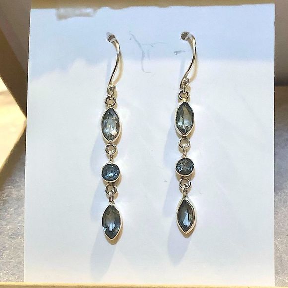 SAMUEL B Faceted Blue Topaz Sterling Silver Triple Drop Earrings - Picture 12 of 12